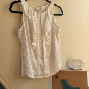 LOFT ruffled front, sleeveless white polka-dot sleeveless top